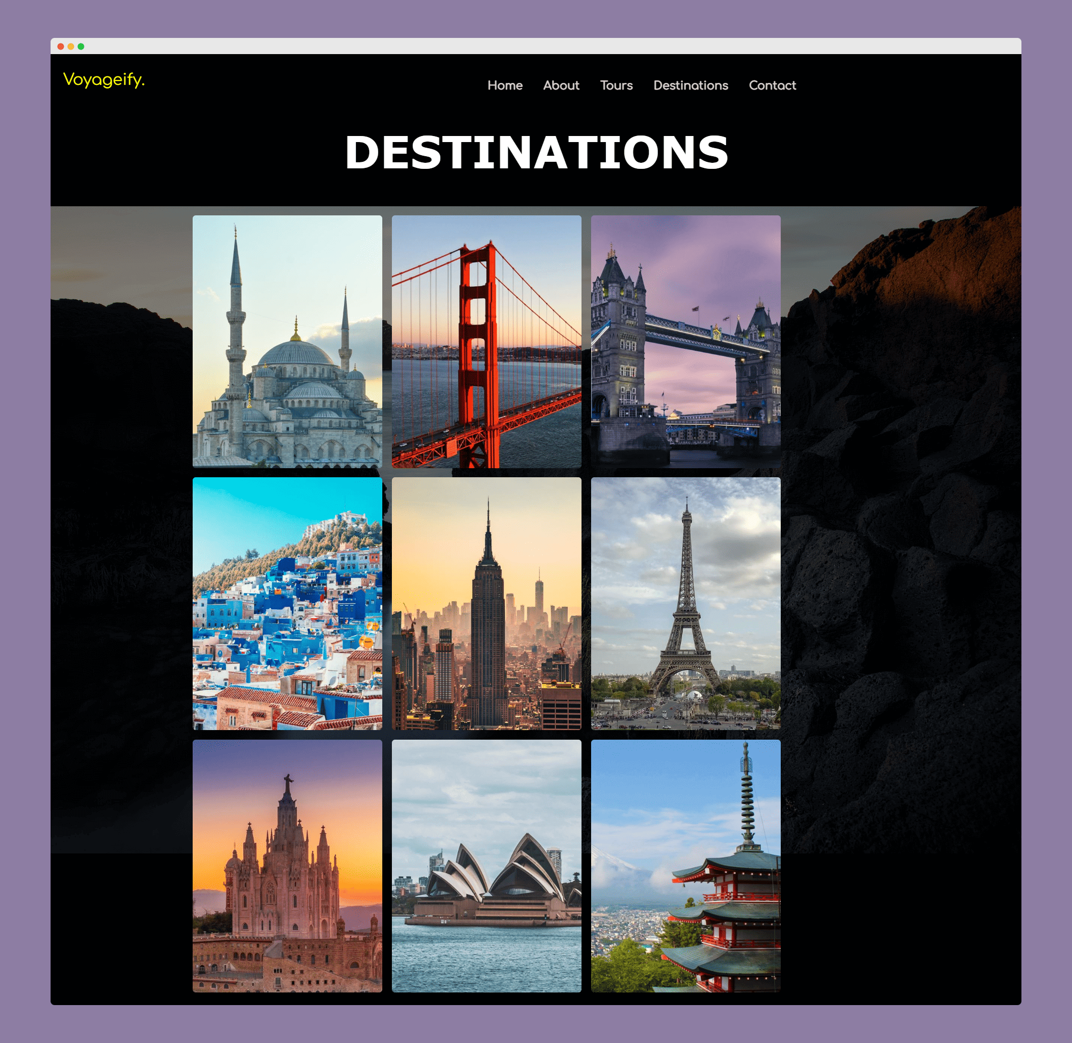 Modern travel website design for Voyageify highlighting tours, destinations, and contact information.