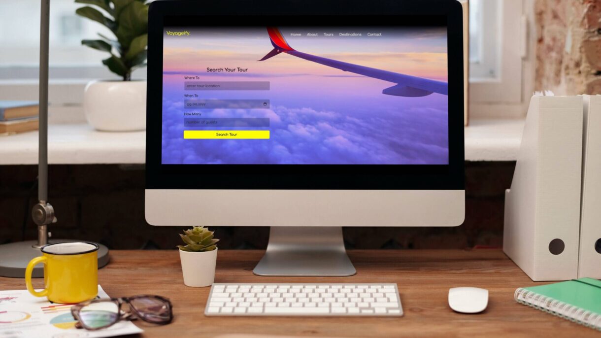 Modern travel website design for Voyageify highlighting tours, destinations, and contact information