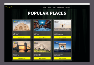 Modern travel website design for Voyageify highlighting tours, destinations, and contact information.